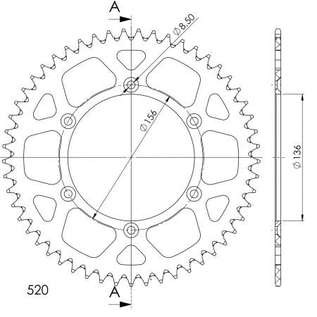 Rear ALU sprocket SUPERSPROX RAL-1512:52-RED Rosu 52T, 520 [1]