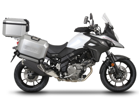 Piese moto - Set complet de cutii de aluminiu SHAD TERRA, 48L cutie centrala si  36L / 36L cutii laterale, incluzand kit montaj si placa SHAD SUZUKI DL 1000 V-Strom/ DL 1050 V-Strom
