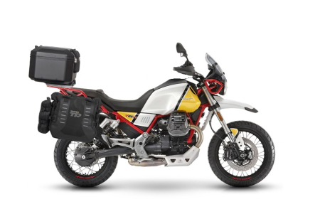 Piese moto - Set complet de genti laterale adventure SHAD TERRA TR40 si topcase din aluminiu SHAD TERRA TR55 PURE BLACK, incluzand kitul de montaj SHAD MOTO GUZZI V85TT