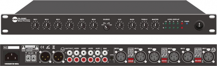 CMX PA-200MX AMP * Mixer pentru sisteme de Public Address: 11 intrari stereo (6 intrari pentru microfon/Line, 4 intrari auxiliare [1]