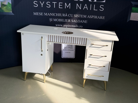 Mese manichiura - Masa profesionala de manichiura MARBLE GOLD , cu sistem de aspirare incorporat, 135cm, 105W putere, debit max 1100 mc/h
