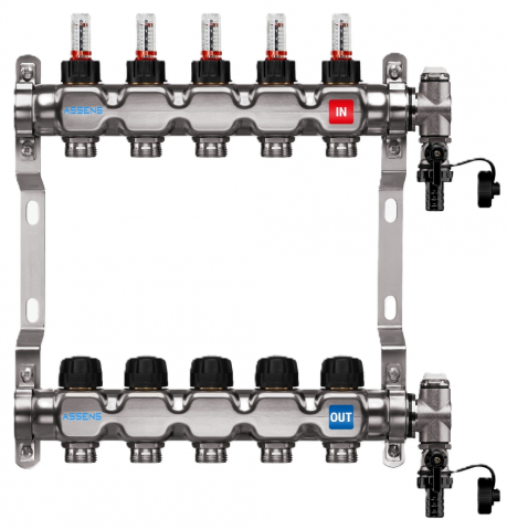 Manifolds - S.STEEL MANIFOLD ASSENS EVO 1" FOR UNDERFLOOR HEATING WITH FLOWMETER, INTERAX 210MM, 4 CIRCUITS, 3/4" EK