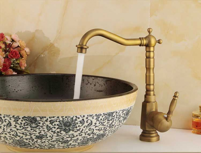 Baterie lavoar Bona Old Gold inalta, montaj pe blat sau lavoar, alama, auriu, perlator aer [13]