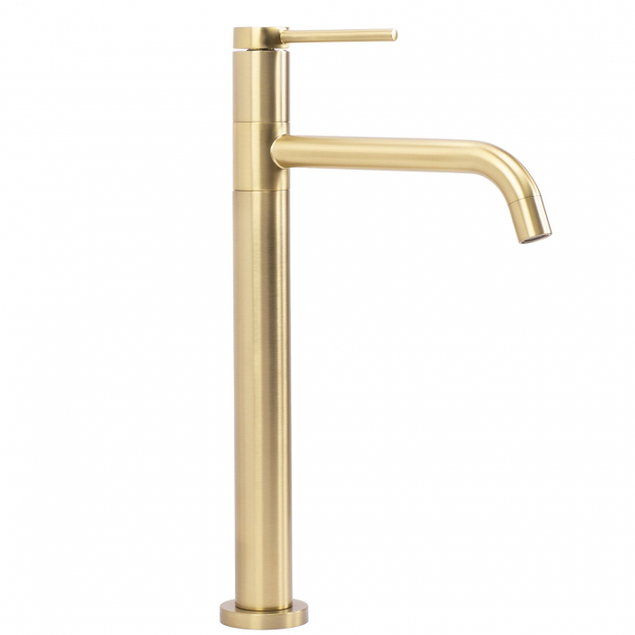 Baterie lavoar Lugano Slim Brush Gold High, montaj pe blat sau lavoar, alama, auriu, perlator aer [1]