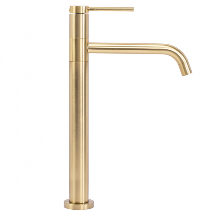 Baterie lavoar Lugano Slim Brush Gold High, montaj pe blat sau lavoar, alama, auriu, perlator aer [2]