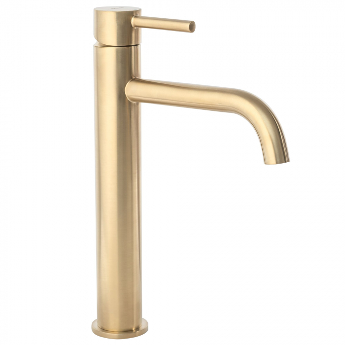 Baterie lavoar Lungo Brush Gold High, montaj pe blat sau lavoar, alama, auriu, perlator aer [1]