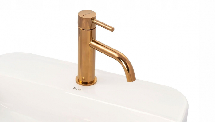 Baterie lavoar Lungo Rose Gold Roz Auriu Low, montaj pe blat sau lavoar, alama, auriu rose, perlator aer [4]