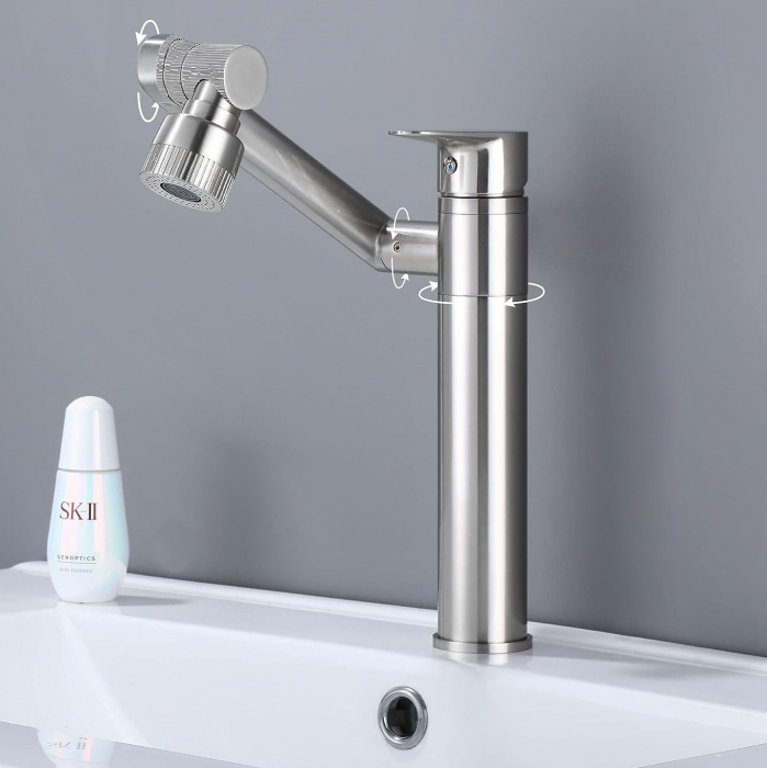 Baterie lavoar Paco Nickel Brush Inox High, montaj pe blat sau lavoar, alama, nichel, perlator aer [9]