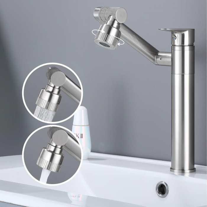 Baterie lavoar Paco Nickel Brush Inox High, montaj pe blat sau lavoar, alama, nichel, perlator aer [8]