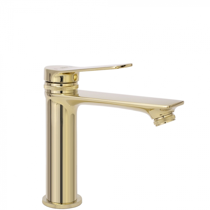 Baterie lavoar Viral Gold Low, montaj pe blat sau lavoar, alama, auriu, perlator aer [1]