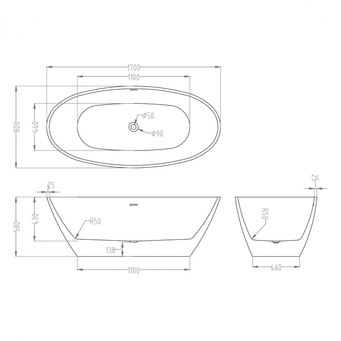 Cadă ovală Astra V599, acril, 170x80x58 cm, cu piedestal și racord de scurgere standard DIN [7]