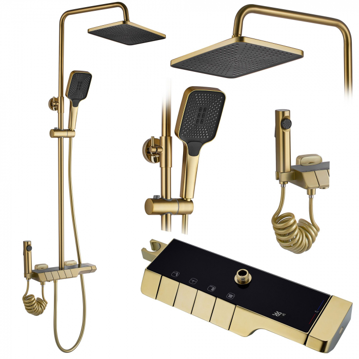 Coloana de dus cu termostat Rob Gold Brush, anti calcar, auriu, montaj pe perete [1]
