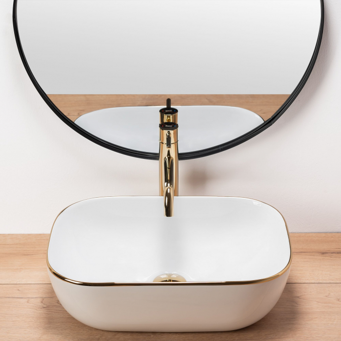 Lavoar pe blat Belinda auriu Gold Edge, ceramica, alb lucios [3]