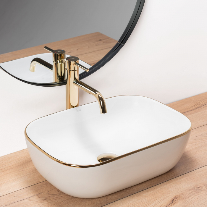 Lavoar pe blat Belinda auriu Gold Edge, ceramica, alb lucios [2]