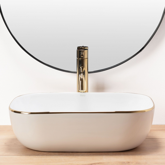 Lavoar pe blat Belinda auriu Gold Edge, ceramica, alb lucios [4]
