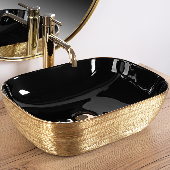 Lavoar pe blat Belinda Black Gold Brush, ceramica, negru lucios [2]