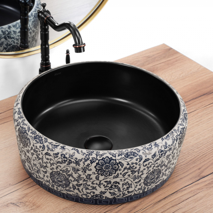 Lavoar pe blat Florisa Black Matt, ceramica, cu model [2]