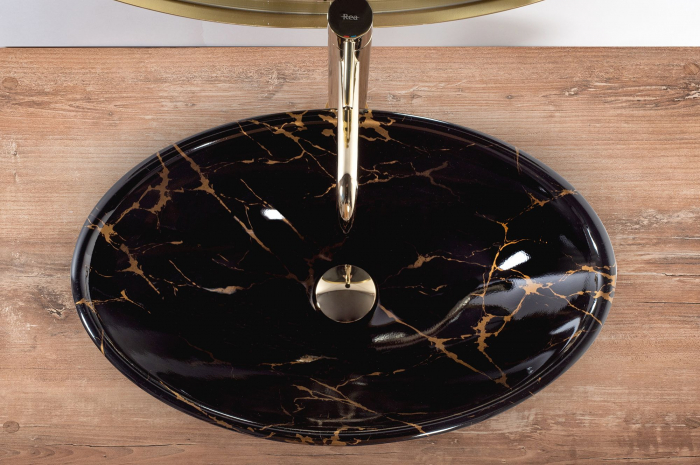 Lavoar pe blat Pamela Black Marble Shiny, ceramica, imitatie de piatra [5]