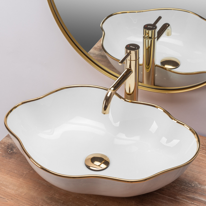 Lavoar pe blat Pearl Gold Edge Alb auriu, ceramica, alb lucios [3]
