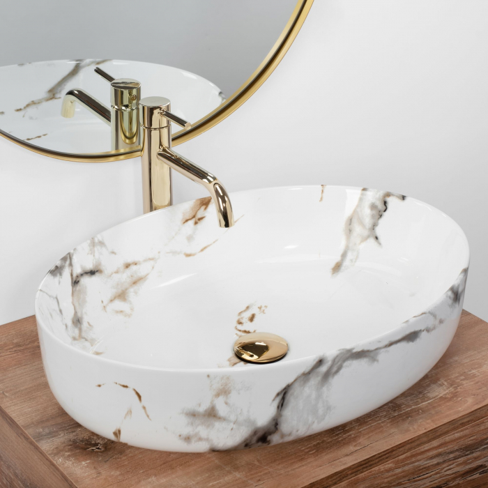 Lavoar pe blat Queen Carrara Shiny, ceramica, imitatie de piatra [2]