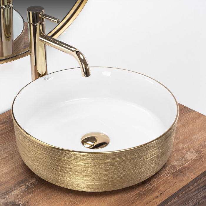 Lavoar pe blat Sami White Brush Gold, ceramica, alb lucios [2]