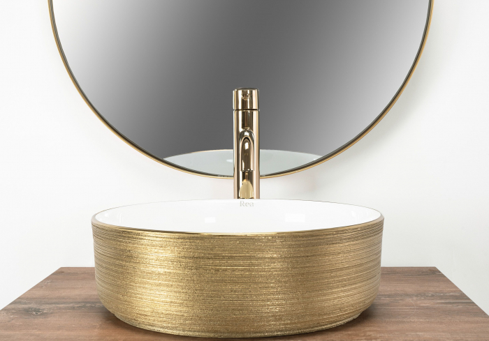 Lavoar pe blat Sami White Brush Gold, ceramica, alb lucios [3]