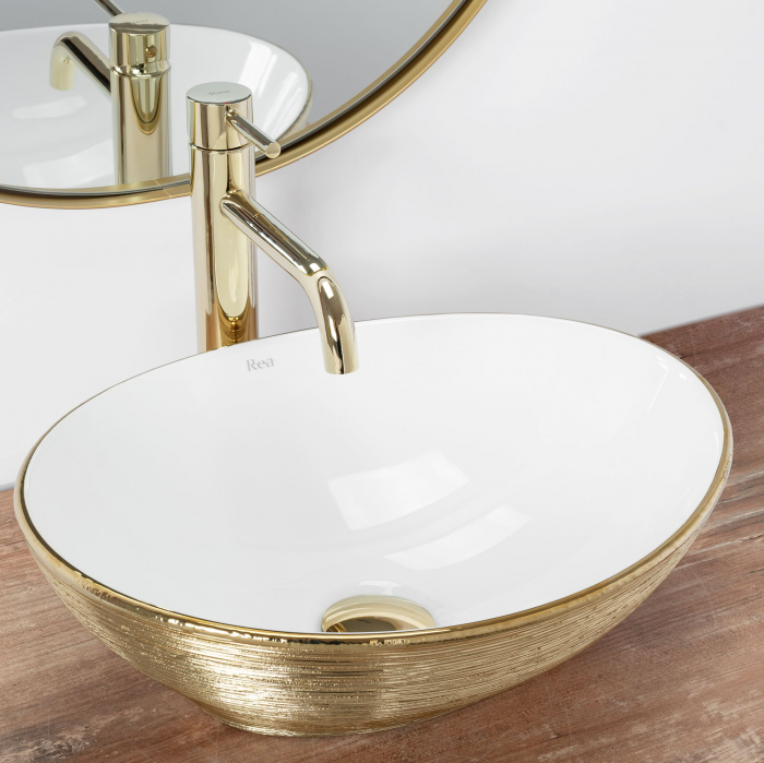 Lavoar pe blat Sofia Brush Gold, ceramica, alb lucios [2]