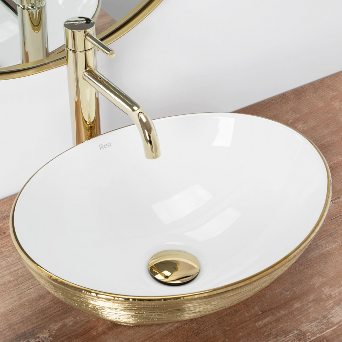 Lavoar pe blat Sofia Brush Gold, ceramica, alb lucios [3]