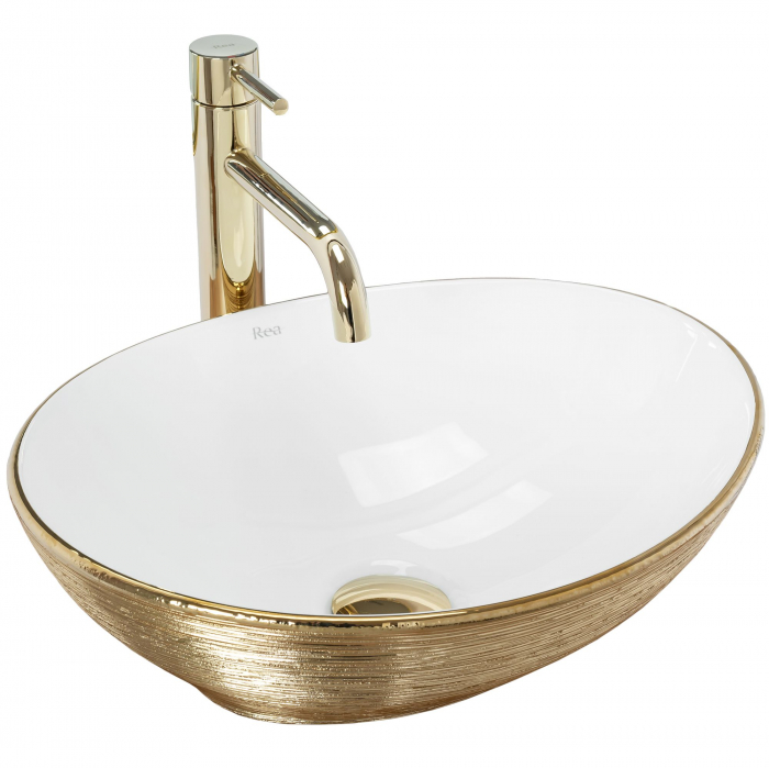 Lavoar pe blat Sofia Brush Gold, ceramica, alb lucios [1]