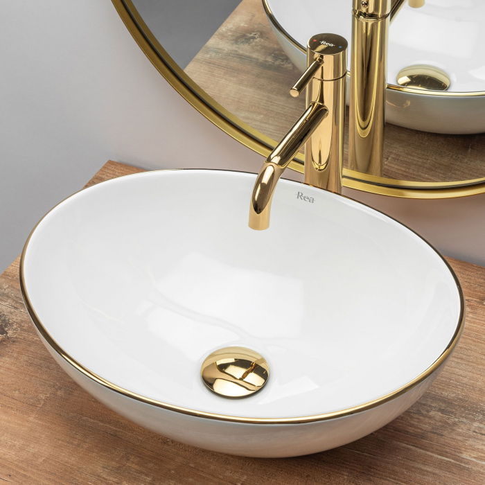 Lavoar pe blat Sofia Gold Edge, ceramica, alb lucios [3]