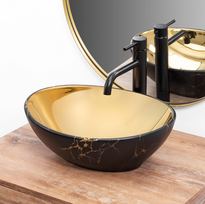 Lavoar pe blat Sofia In Gold Marble Black, ceramica, negru lucios [3]