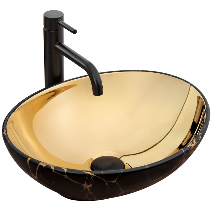 Lavoar pe blat Sofia In Gold Marble Black, ceramica, negru lucios [1]