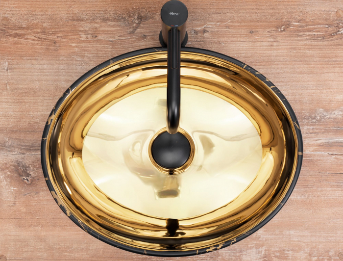 Lavoar pe blat Sofia In Gold Marble Black, ceramica, negru lucios [5]