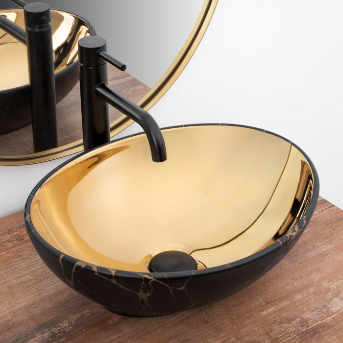 Lavoar pe blat Sofia In Gold Marble Black, ceramica, negru lucios [2]
