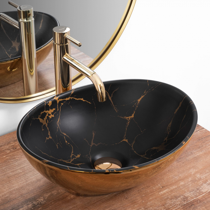 Lavoar pe blat Sofia In Marble Mat Black Gold, ceramica, negru lucios [2]