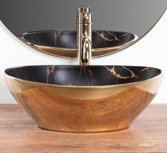 Lavoar pe blat Sofia In Marble Mat Black Gold, ceramica, negru lucios [4]