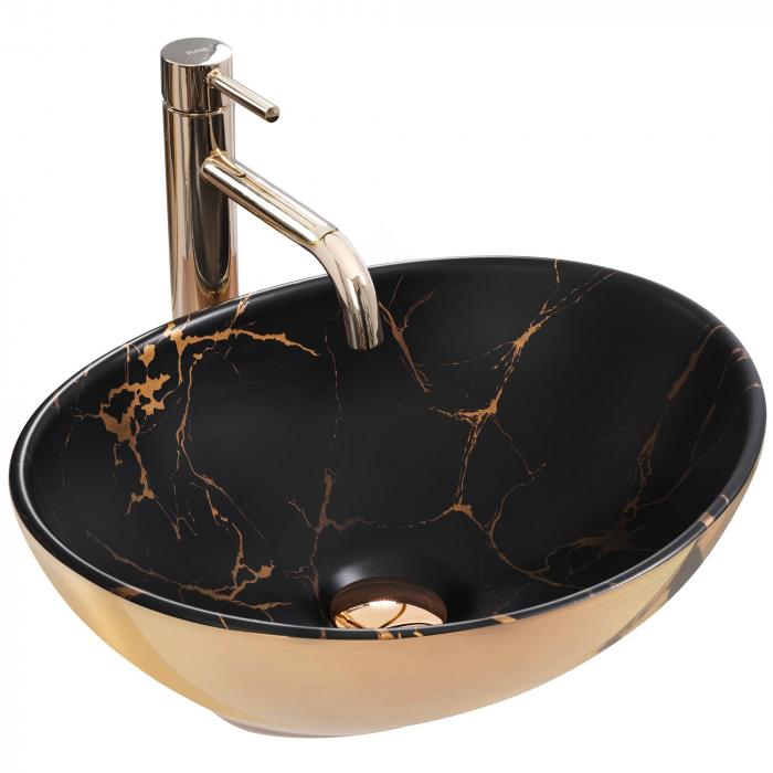 Lavoar pe blat Sofia In Marble Mat Black Gold, ceramica, negru lucios [1]