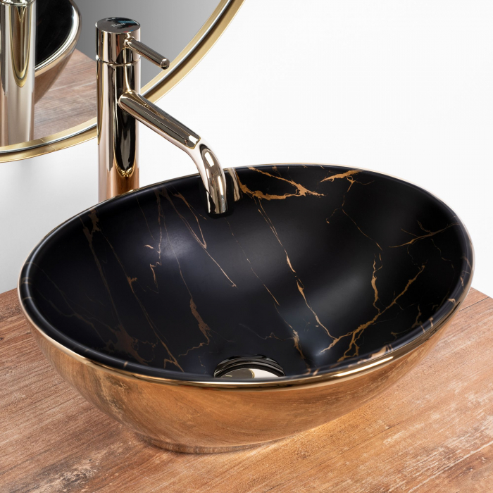 Lavoar pe blat Sofia In Marble Mat Black Gold, ceramica, negru lucios [3]