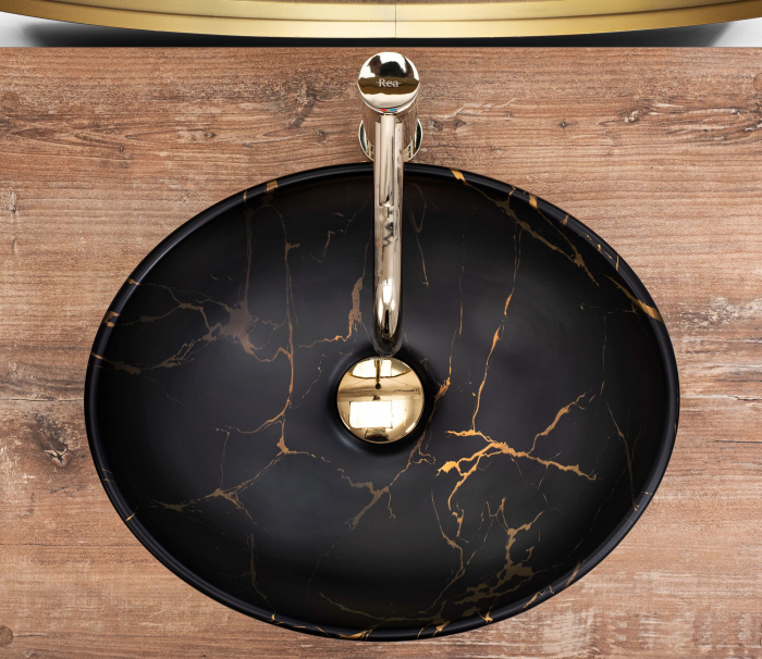 Lavoar pe blat Sofia In Marble Mat Black Gold, ceramica, negru lucios [5]