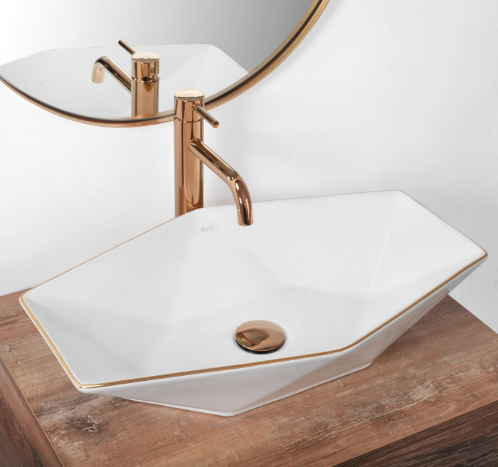 Lavoar pe blat Vegas Alb Rose Gold Edge, ceramica, alb lucios [2]