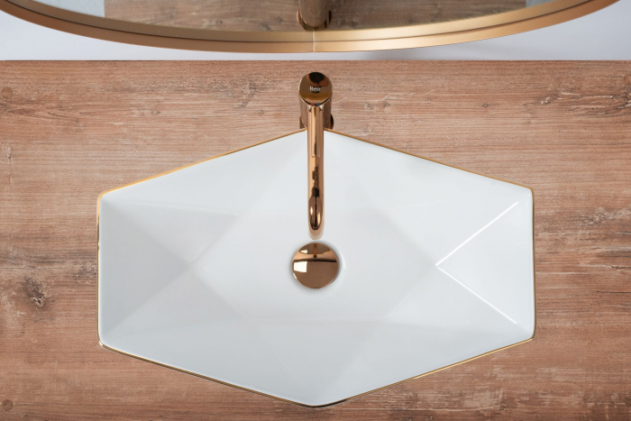 Lavoar pe blat Vegas Alb Rose Gold Edge, ceramica, alb lucios [5]