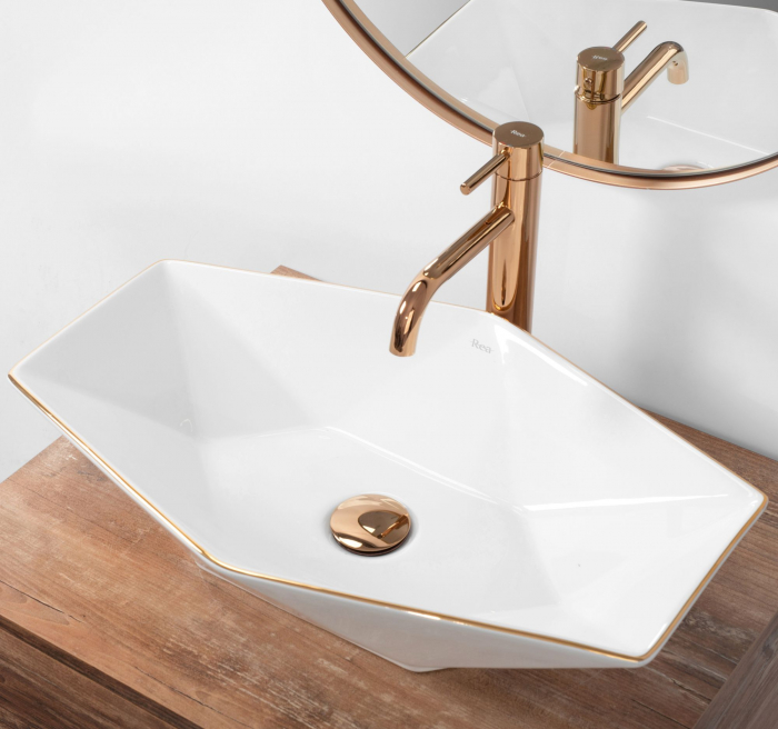 Lavoar pe blat Vegas Alb Rose Gold Edge, ceramica, alb lucios [4]