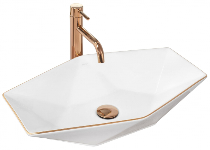 Lavoar pe blat Vegas Alb Rose Gold Edge, ceramica, alb lucios [1]