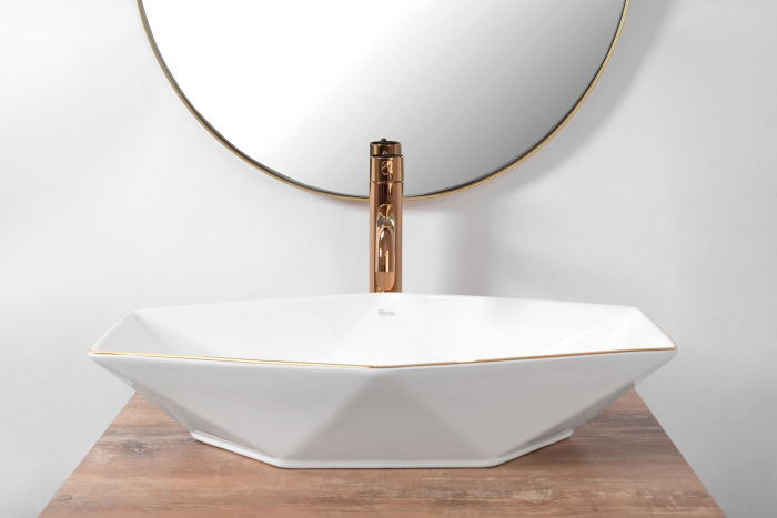Lavoar pe blat Vegas Alb Rose Gold Edge, ceramica, alb lucios [3]