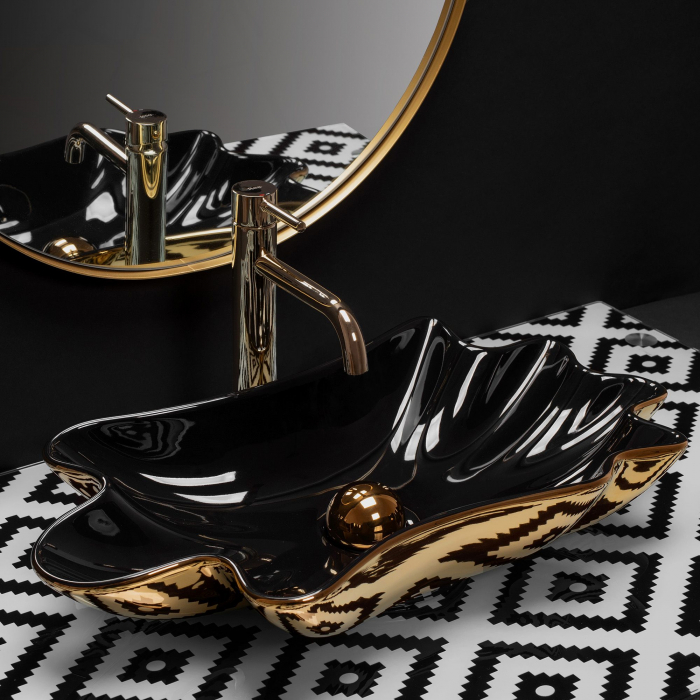 Lavoar Sea Black Gold + Dop Click-clack, ceramica, negru lucios [2]