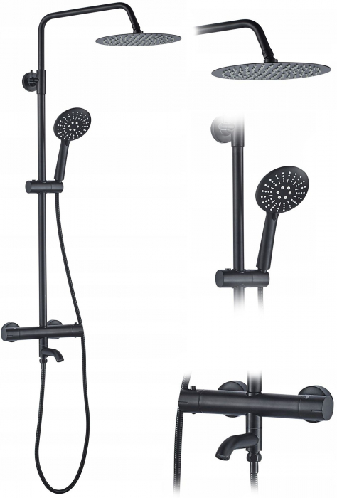 Set de dus cu termostat Lungo Black negru, anti calcar, negru, montaj pe perete [1]