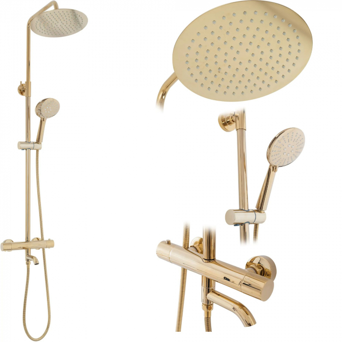 Set de dus cu termostat Lungo Gold Auriu, anti calcar, auriu, montaj pe perete [1]