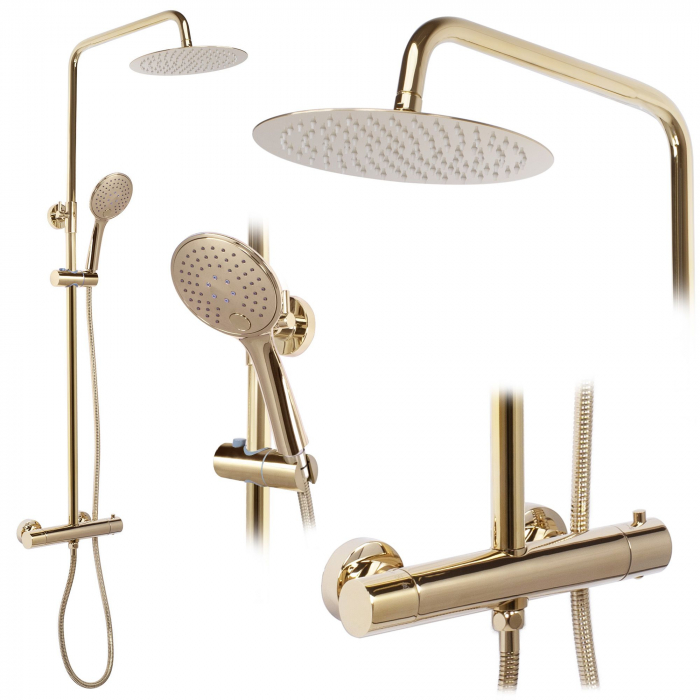 Set de duș cu termostat Vincent Gold, anti calcar, auriu, montaj pe perete [1]