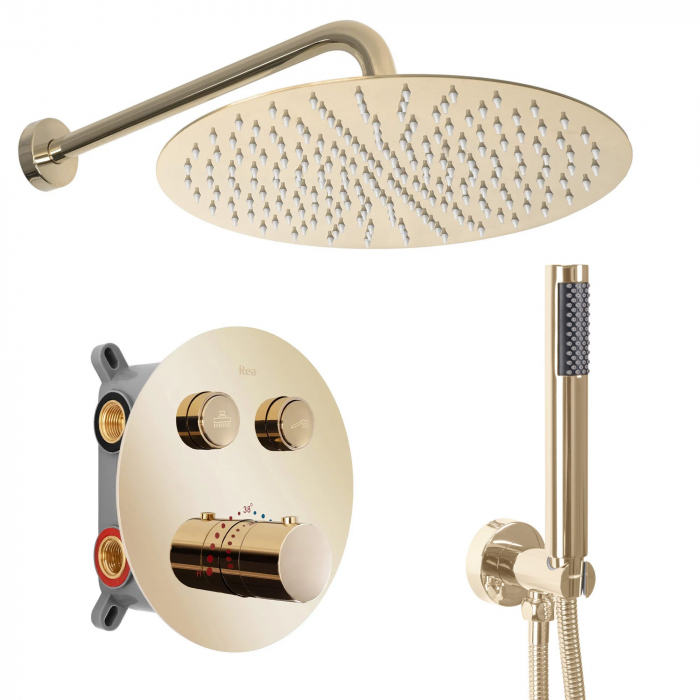 Set de dus Lungo Miler Auriu + Box cu Termostat, anti calcar, auriu, montaj incastrat [1]