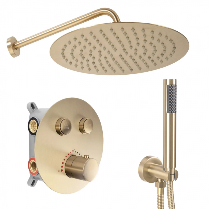 Set de dus Lungo Miler Auriu Periat + Box cu termostat, anti calcar, auriu, montaj incastrat [1]